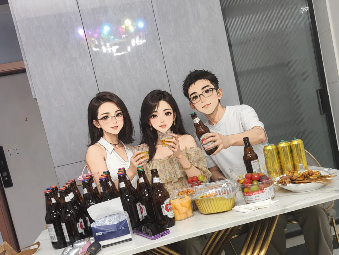 三位好友的动漫风格聚会合照
